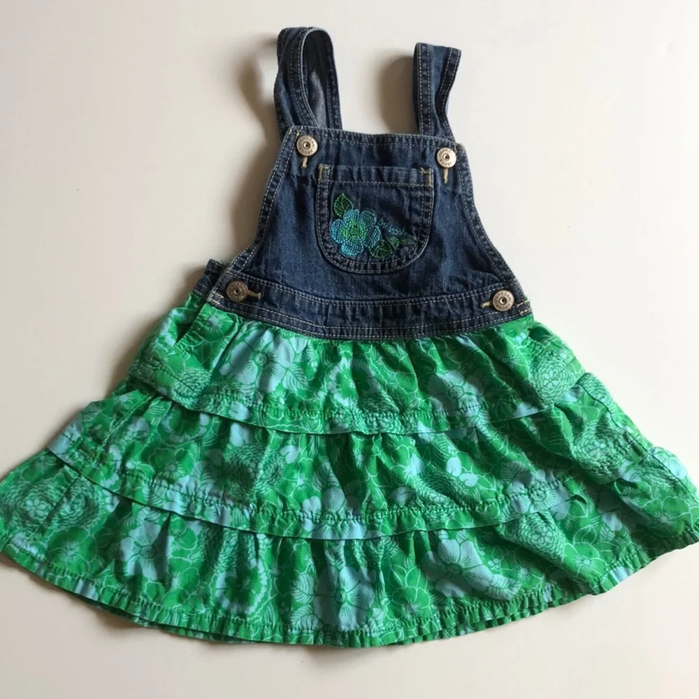 Oshkosh Denim Dress Hawaiian Girls Denim Overall Dress with Tropical Dress